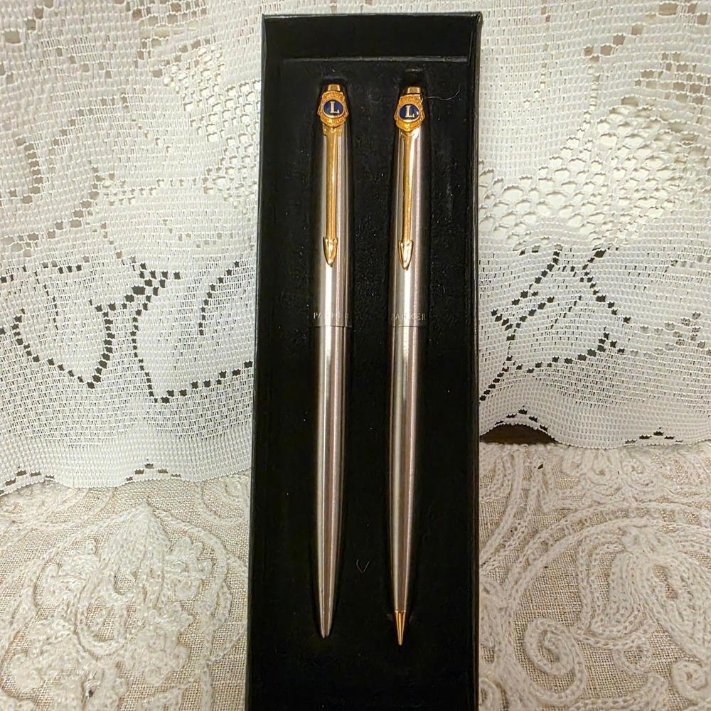 Parker Pen and Pencil Set, Silver Lions Club International Vintage Stainless